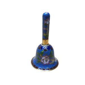 Vintage Blue Cloisonné Enamel Hand Bell Floral Brass 2.5” Mini Miniature Brass